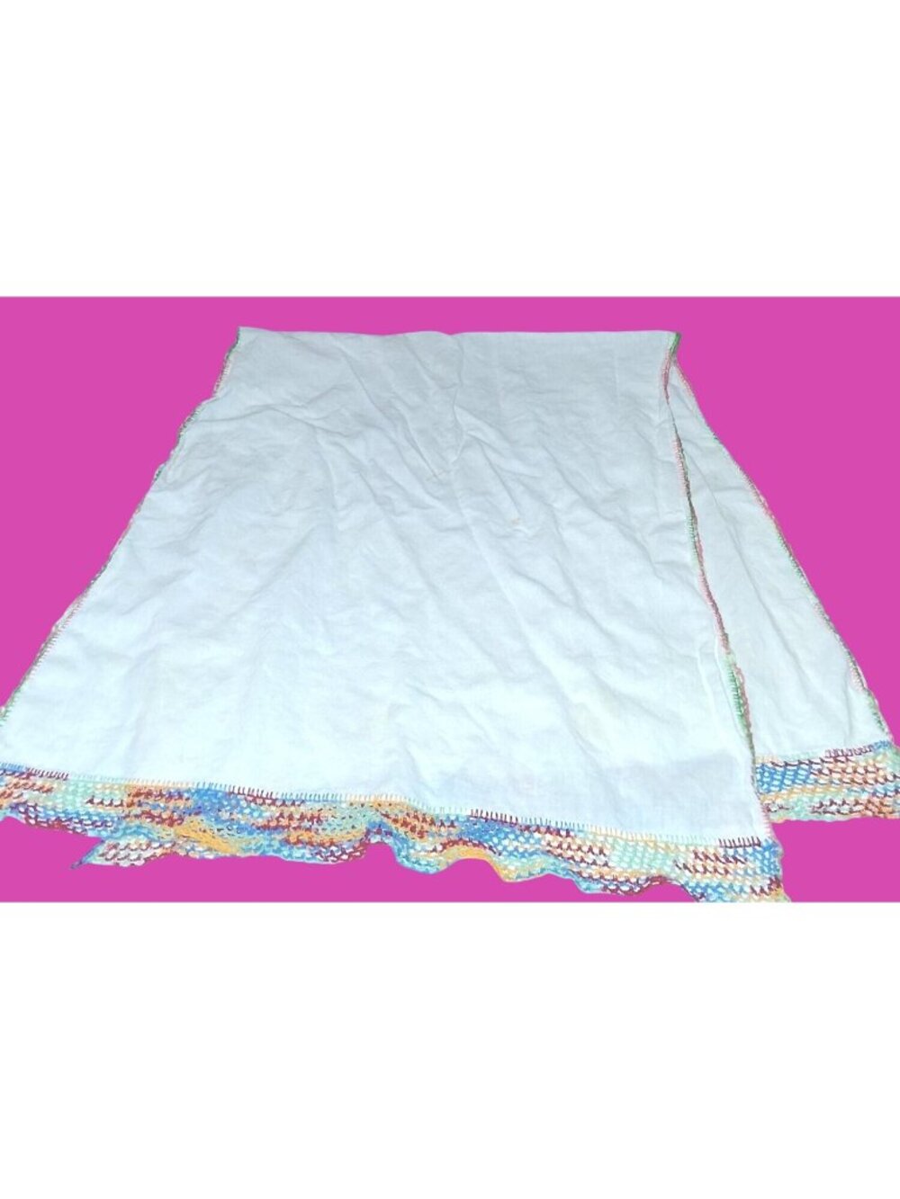 Handmade White Cotton Tablerunner Colorful Crochet Trim 1940-1950s*64